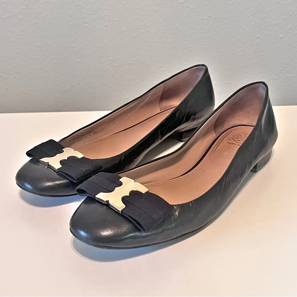 Tory Burch Gemini Link Bow Black Leather Ballet Flats Size 8